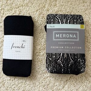 New 2 tights stocking Pairs Lace textured Opaque bundle set black- Medium large